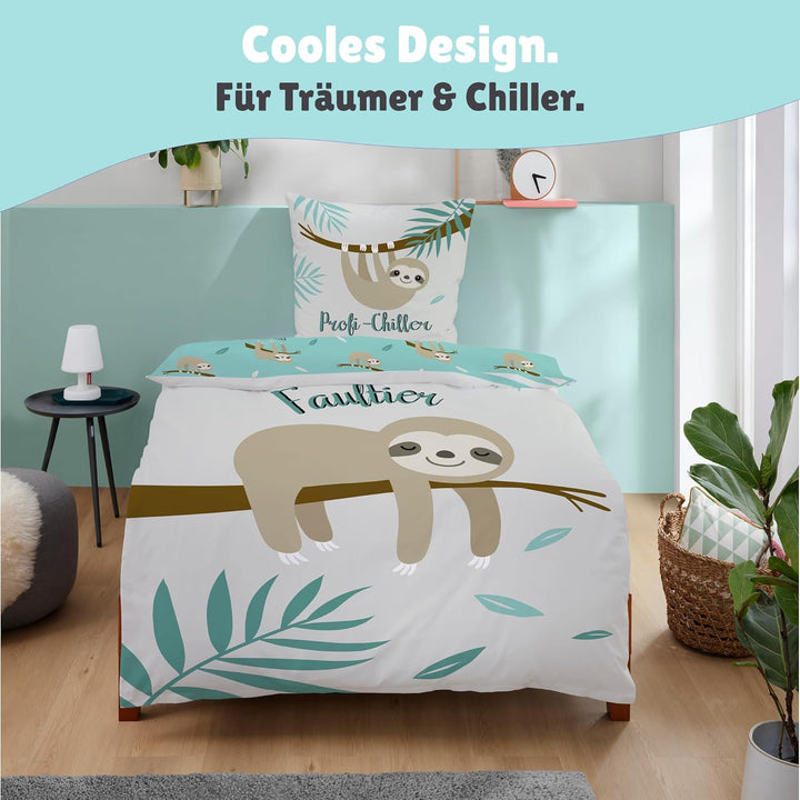 Familando Faultier Bettwäsche-Set 135x200 cm + Kissen 80x80 cm · Profi-Chiller · Kinder-Bettwäsche 1