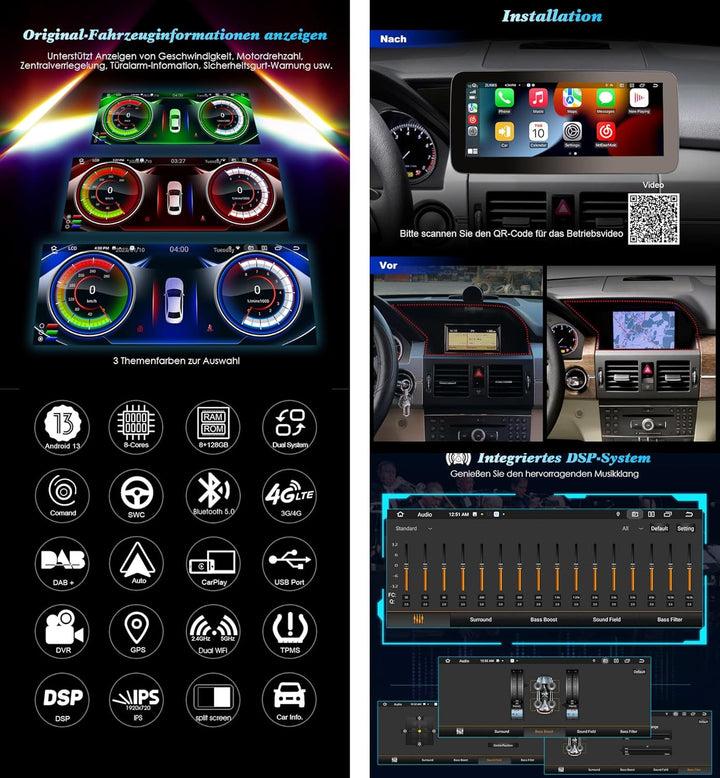 10,25 Zoll IPS Bildschirm 8-Kern Android 13 DAB+ Autoradio für Mercedes GLK-Klasse X204 NTG 4.0 mit