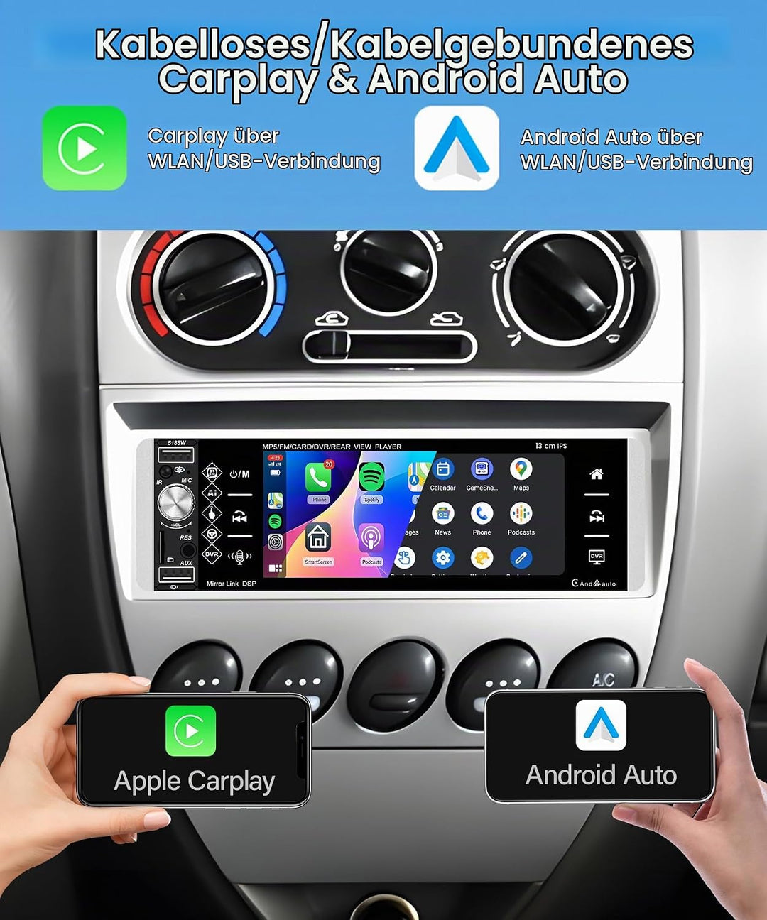 Rimoody Wireless Carplay Autoradio 1 Din, 5,1 Zoll HD Touchscreen Autoradio Single Din mit Knopf Blu