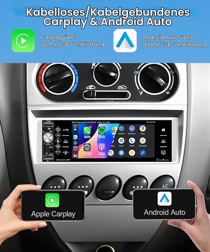 Rimoody Wireless Carplay Autoradio 1 Din, 5,1 Zoll HD Touchscreen Autoradio Single Din mit Knopf Blu