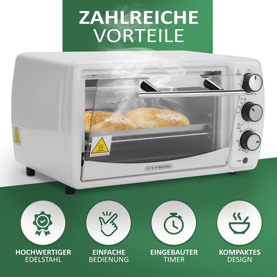 Mini Backofen 13 Liter | 1200 Watt | Pizzaofen | 65°-230°C | Timer | aufklappbares Krümelblech | Min