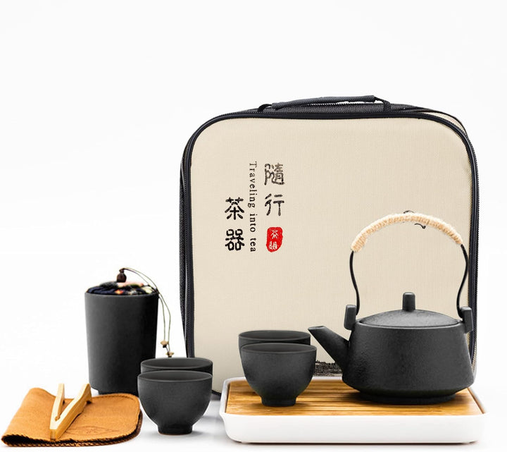 fanquare Japanisches Tragbare Reise Tee Set mit Reisetasche, Schwarz Porzellan Tee Service mit Teeka
