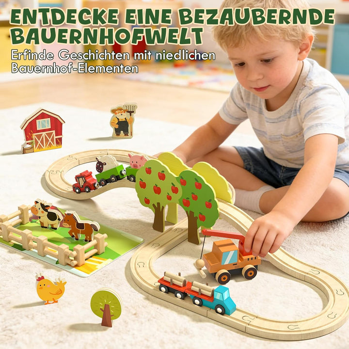 Lehoo Castle Holzeisenbahn, Holz Bauernhof Spielzeug, Holztiere, Kuhstall Spielzeug ab 3 4 5 Jahre M