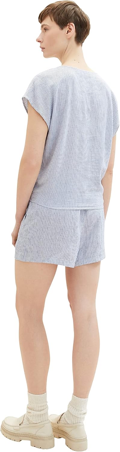 TOM TAILOR Denim Damen Basic Shorts aus Leinen XS 31715 - White Blue Vertical Stripe, XS 31715 - Whi