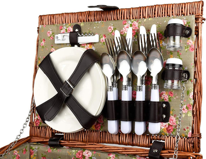 Picknickkorb für 4 Personen Inklusive Bestecksets, Korkenzieher, Weingläser und Keramikteller - 29 x