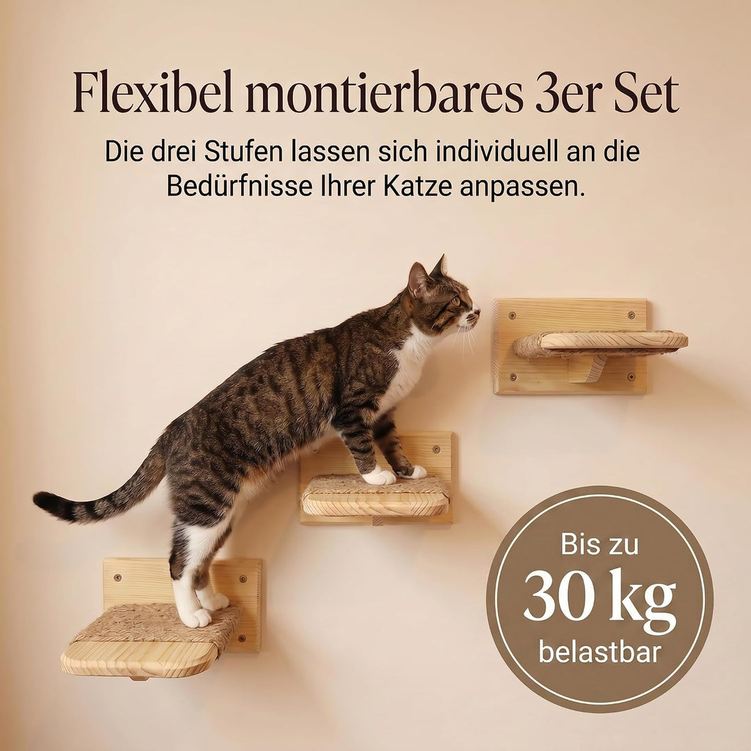 Katzen Wandtreppe aus Massivholz – 3er Set Kletterstufen für Katzen mit Juteseil – Katze Wandmöbel a