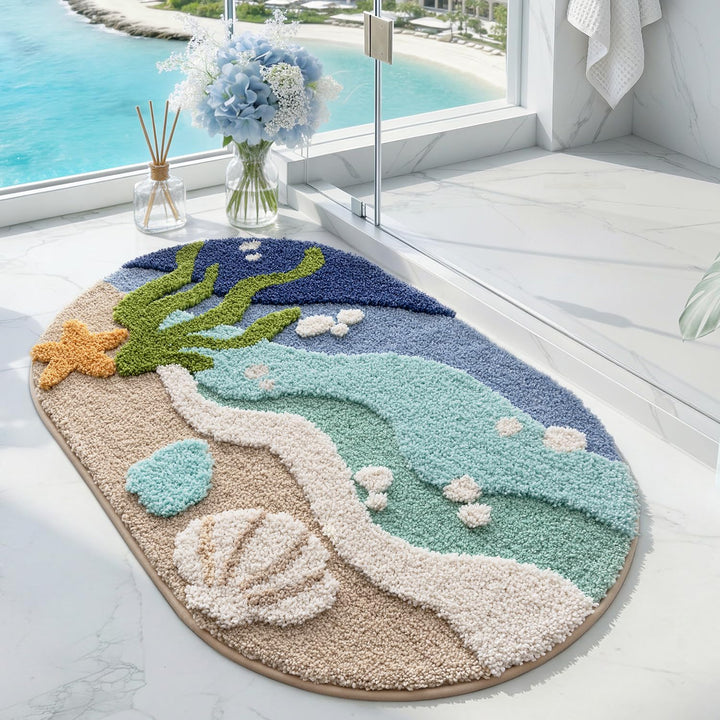 DEXI Ovale Badezimmerteppich 54 x 86 cm, Badematte rutschfest Absorbierende mit Seestern-Strand Must