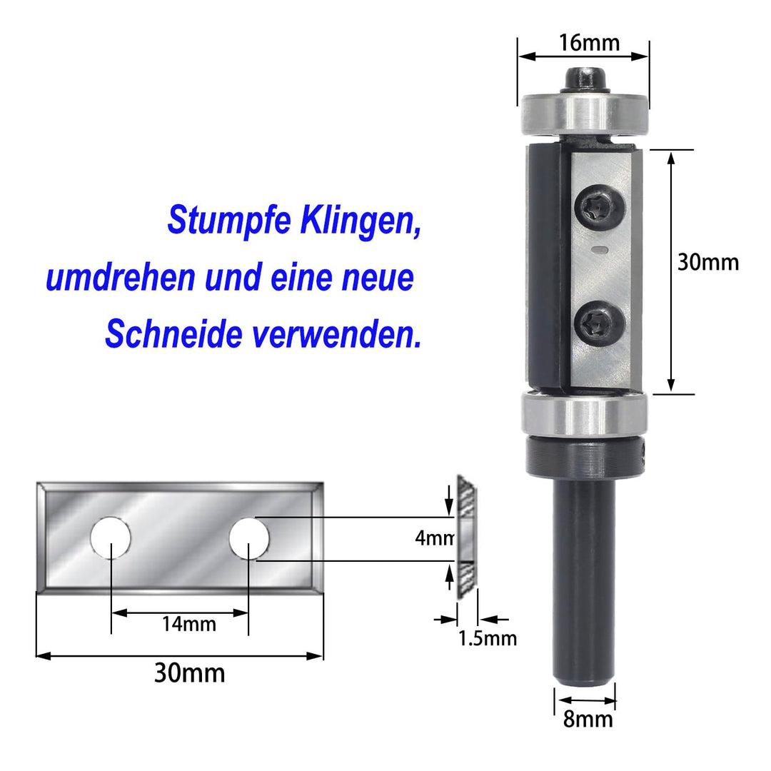 Sinoprotools Wendeplatten Bündigfräser,8mm Schaft Bündiger Fräser Schnittlänge 30mm,mit Austauschbar