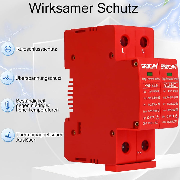 Warmfay Überspannungsschutz PV B+C(T1+T2) 2P 25-100KA, 420V DC Photovoltaic Lightning Protector Nied