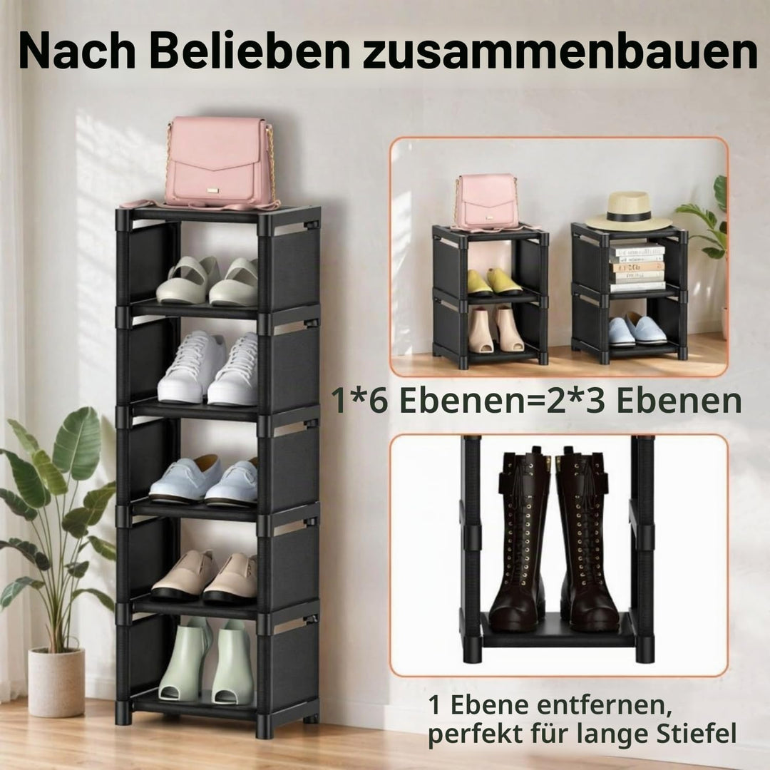 Yeahbo Schuhregal Schmal und Hoch Schwarz mit 6 Ebenen, Schmaler Schuhschrank, Schuhregal Platzspare