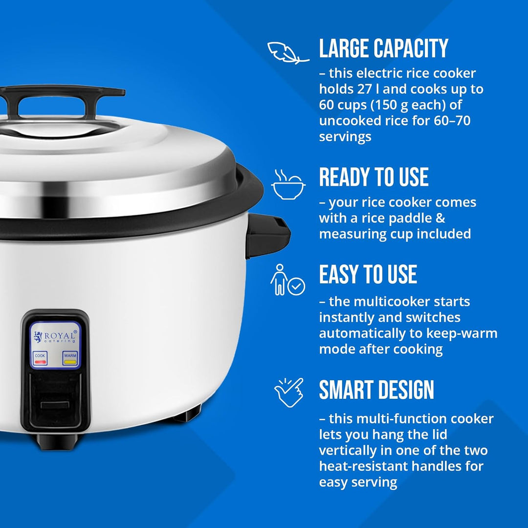 Royal Catering Elektrischer Reiskocher 27 L 3600 W für bis zu 70 Portionen automatische Warmhaltefun