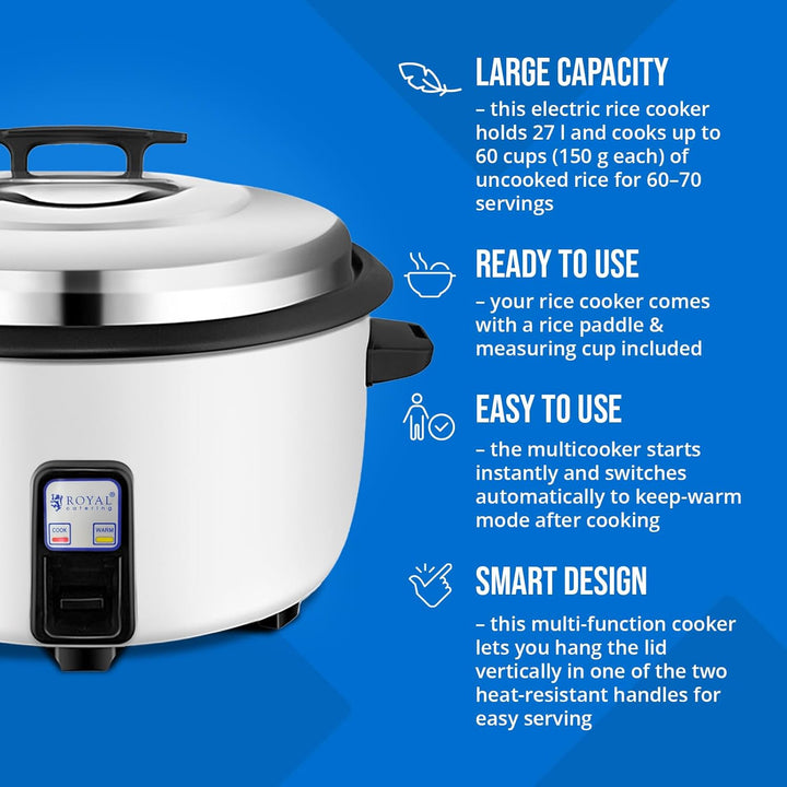 Royal Catering Elektrischer Reiskocher 27 L 3600 W für bis zu 70 Portionen automatische Warmhaltefun