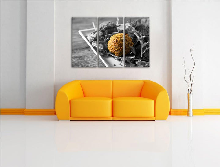 Fleischbällchen Salat schwarz/weiss 3-Teiler Leinwandbild 120x80 Bild auf Leinwand, XXL riesige Bild