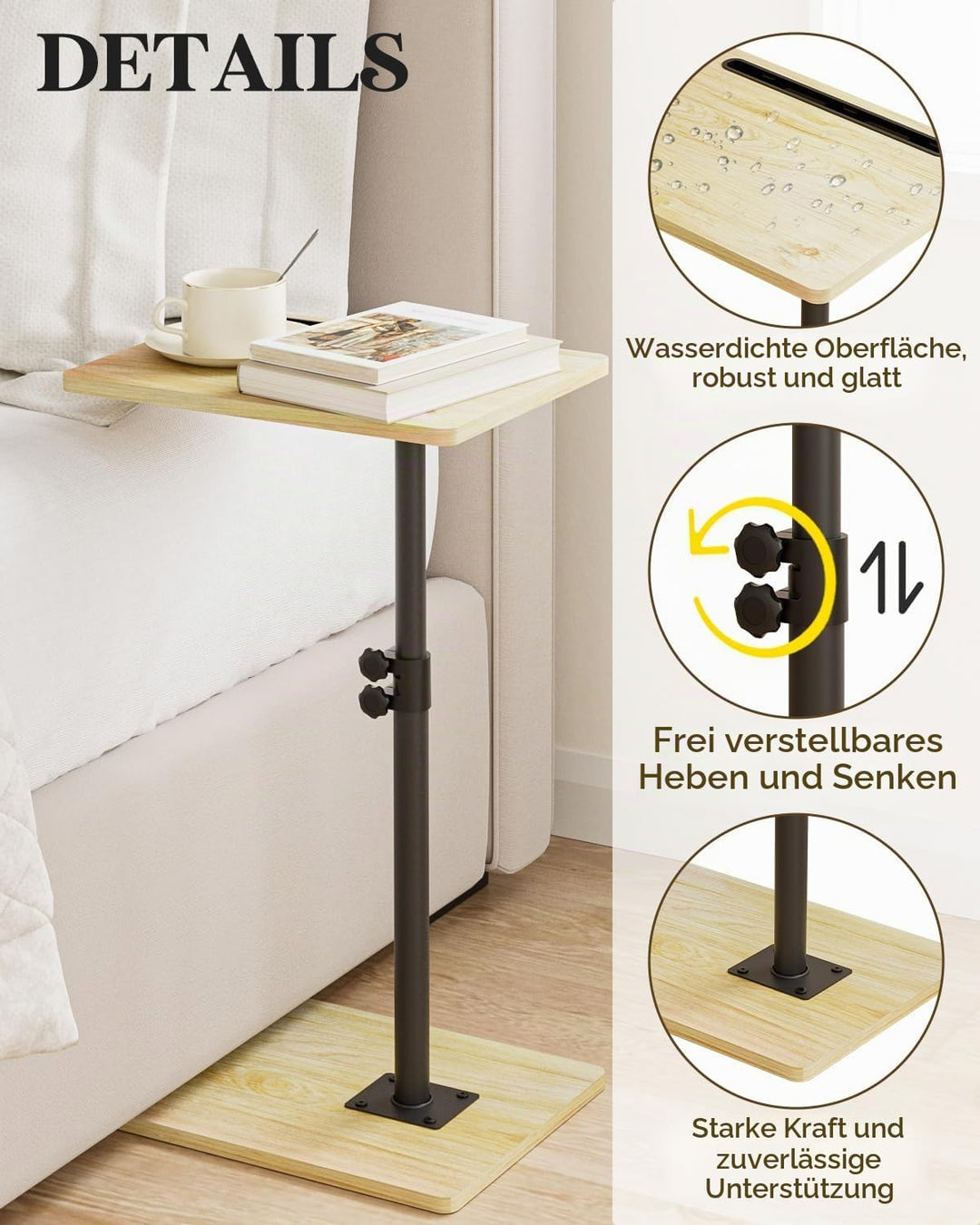 Apetaccat Beistelltisch C-Form, 360°Rotierend Couchtisch Klein, Höhenverstellbar Sofatisch,40x30x(45