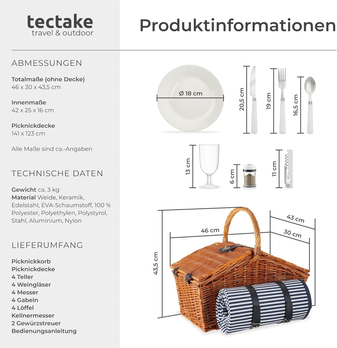 tectake® Picknickkorb und Picknickdecke 4 Personen, befüllter Picnic Basket Weidenkorb für Ausflug,