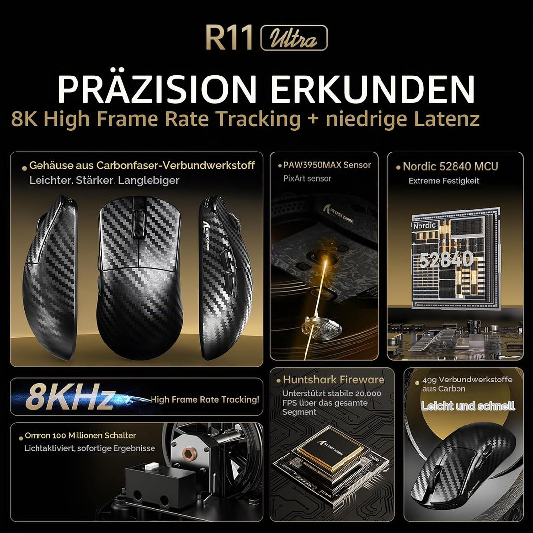 MAMBASNAKE x Attack Shark R11 Ultra Carbon Fiber Wireless Gaming Mouse, 8000Hz, 49g Superlight, 4200