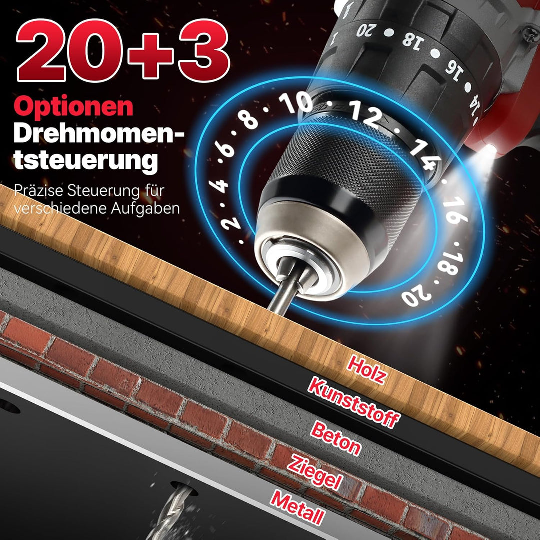Akku-Bohrschrauber 20 V und2 Akkus 2,0 Ah TEENO, 45 Nm Schlagbohrmaschine,20 + 3 Drehmomentstufen un
