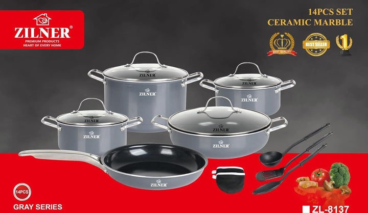 ZILNER® Topfset aus Aluminium Induktion 7-teilig, Topf und Pfannenset, Kochtopf Set mit Glasdeckel,