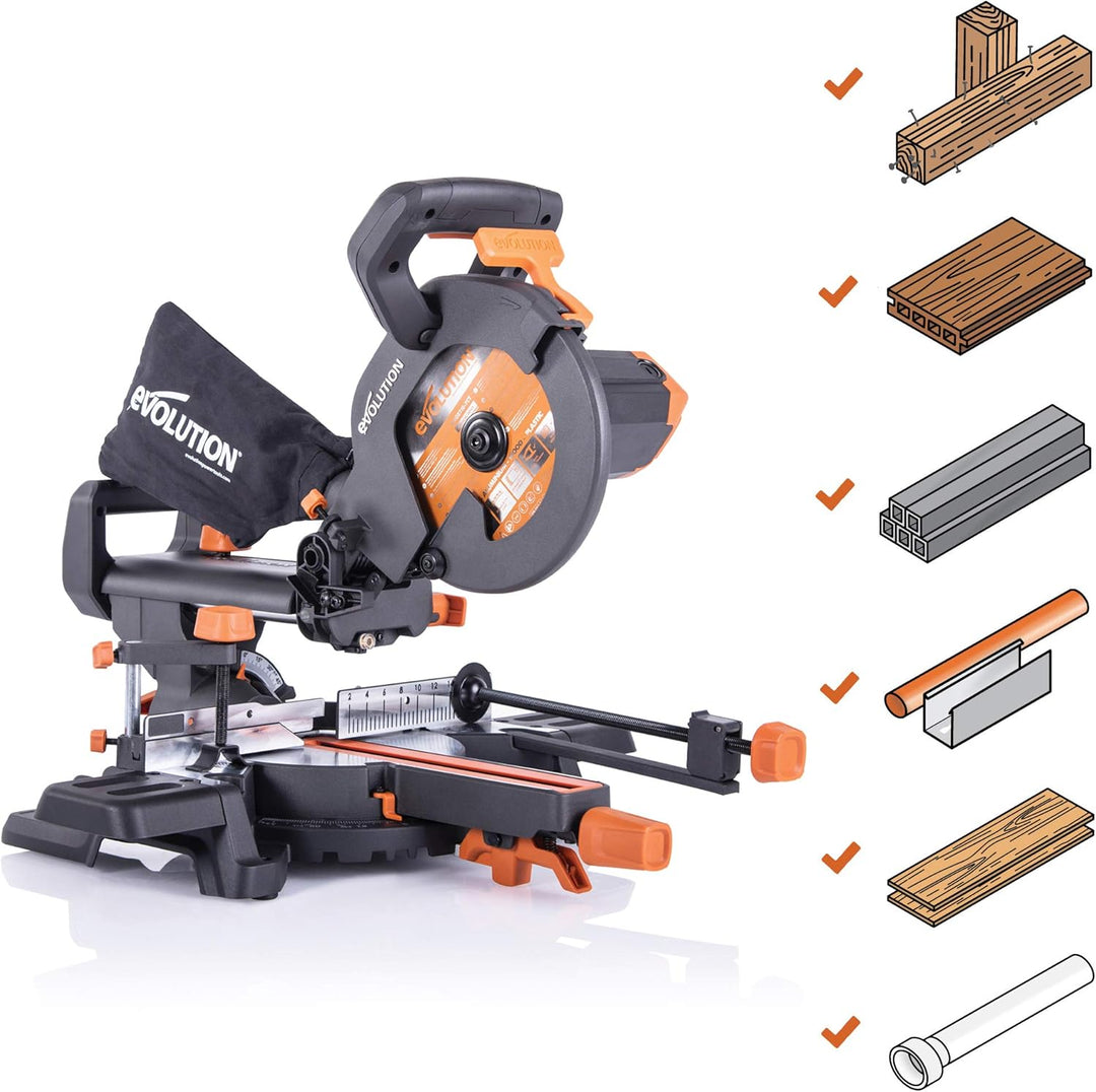 Evolution Power Tools - R210SMS+ Mehrzweck-Gleit-Gehrungssäge mit Plus Pack, 210 mm (230 V) R210-SMS