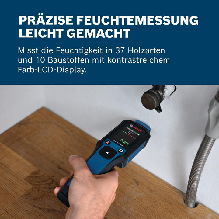 Bosch Professional Pin-Feuchtemessgerät GMP 2-15 (misst 37 Holzarten und 10 Baustoffe, integriertes