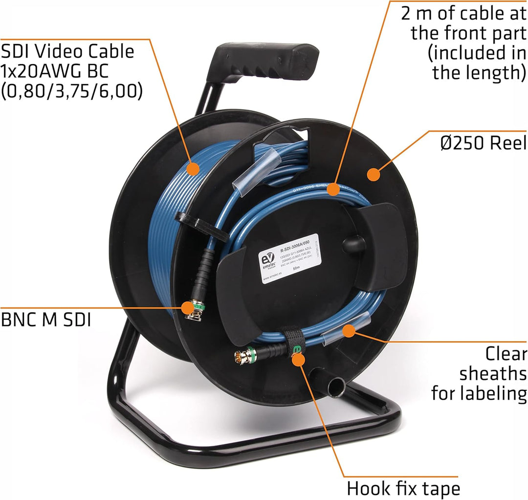 Emelec VíasCom R-SDI-3006A/050 – 50 m Videokabel 4K-UHD 12G-SDI (0.8/3.75/6.0) montiert auf Kabelträ