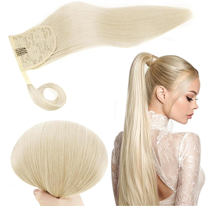 RUNATURE Remy Zopf Extension Echthaar Weiss Blond 55cm/22 Zoll Long Extensions Clip on Ponytail 80g/