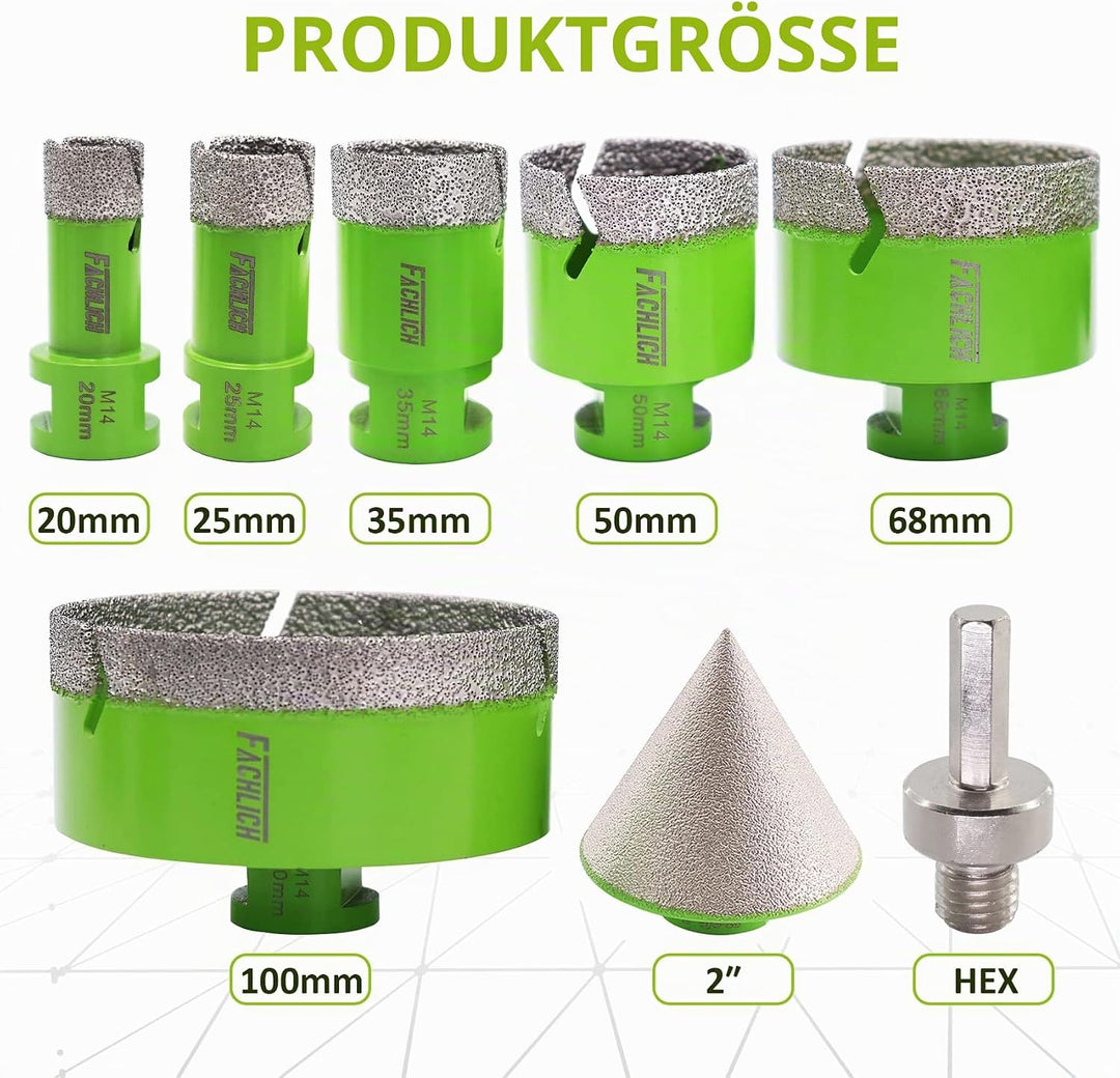 FACHLICH Diamant Fliesenbohrer Set - 20/25/35/50/68/100mm 8 Stücke mit 50mm Fingerfräser ein Adapter