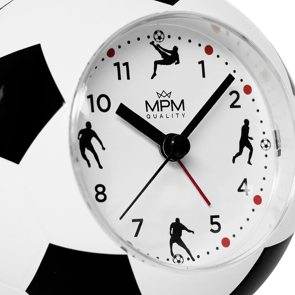 MPM Quality Design Kinder Wecker aus Kunststoff, Fussball Form und Motiv, Weiss/Schwarz, Quarz-Sweep
