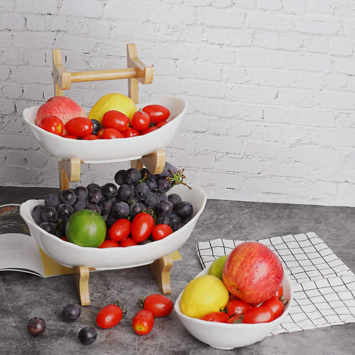 Obst Etagere Obstschale Keramik 3 Stöckig Porzellan Obstteller 3 Etagen mit Natürlichem Bambus Ständ