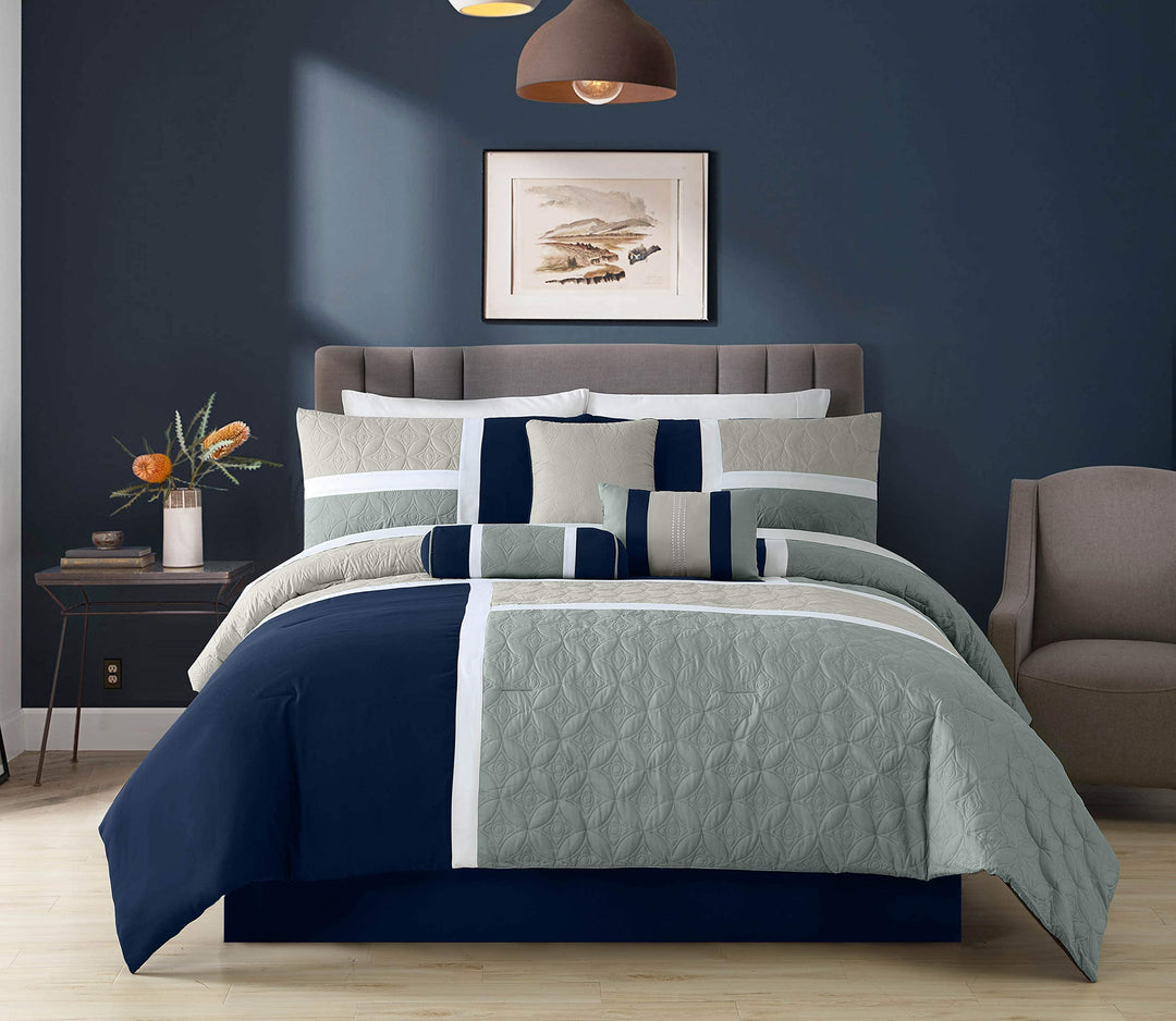 Chezmoi Collection Upland Steppdecken-Set, 7-teilig, Marineblau/Blau/Grau Full Marineblau/Blau/Grau,