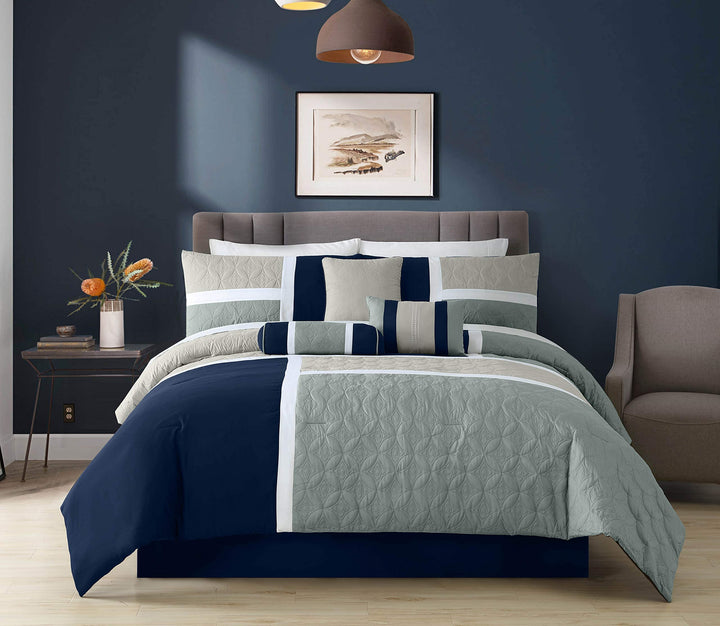 Chezmoi Collection Upland Steppdecken-Set, 7-teilig, Marineblau/Blau/Grau Full Marineblau/Blau/Grau,