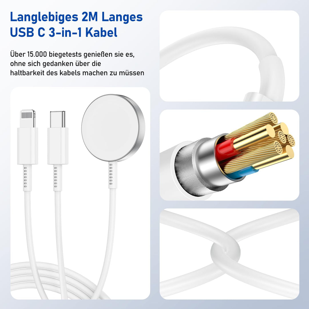 3-in-1 Ladekabel für Apple Watch und iPhone, 2M USB C iWatch Ladegerät mit Kabel, 20w Schnellladeger