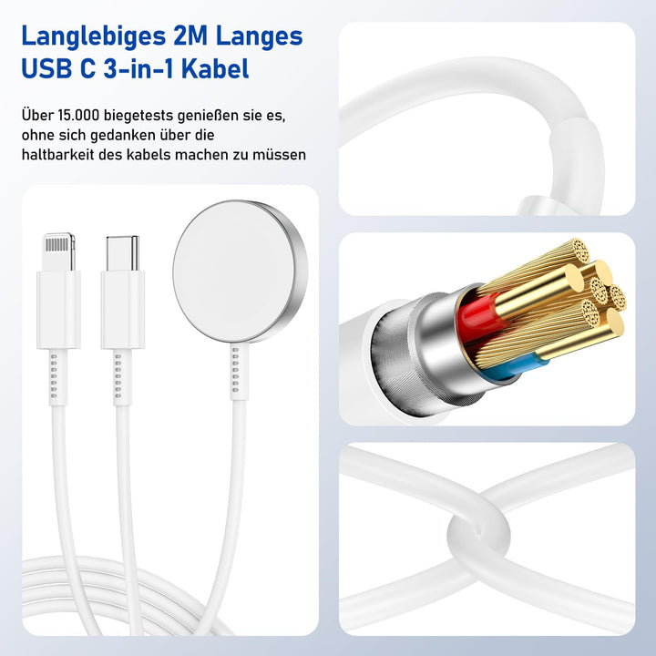 3-in-1 Ladekabel für Apple Watch und iPhone, 2M USB C iWatch Ladegerät mit Kabel, 20w Schnellladeger