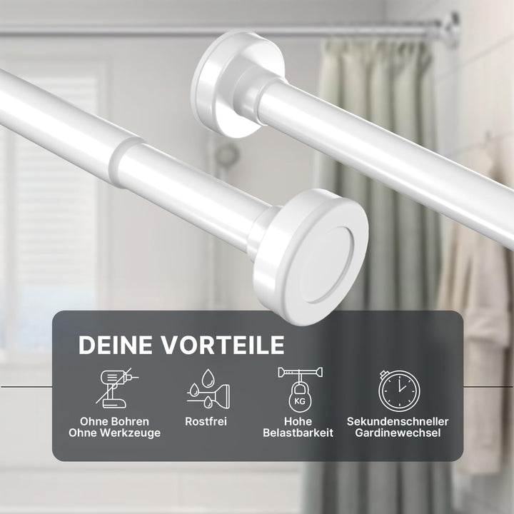 Duschvorhangstange ohne Bohren 90-160cm, Weiss, Ø 25 mm, Teleskop Gardinenstange Klemmen - Vorhangst