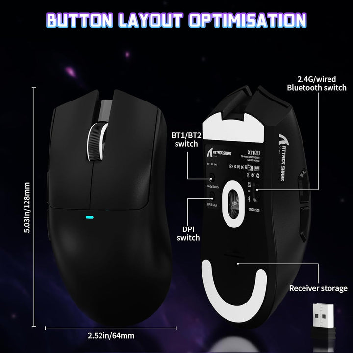 ATTACK SHARK X11 SE Kabellose Gaming-Maus, PixArt PAW3311 Gaming-Sensor, BT/2.4G Wireless/Kabelgebun
