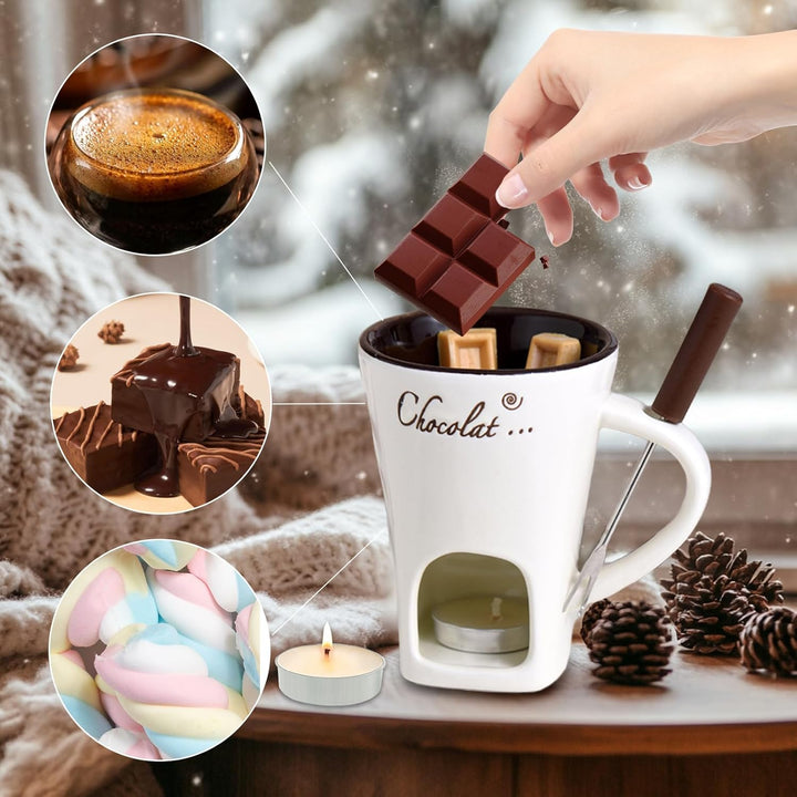 Schokofondue Tasse, 200ml Schokoladen Fondue Becher Set, Keramik Schokoladenfondue Set, mit Gabel un