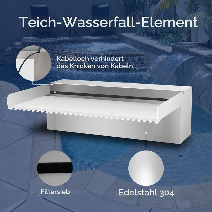 Pool Brunnen Edelstahl Teich Wasserfall Spillway Kits für Innen-/Aussendekorativ, 90x20x10cm Pool Wa