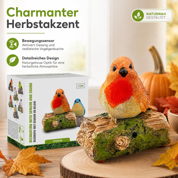 MIJOMA Dekovogel mit Vogelgezwitscher & Bewegungsmelder – Zwitschernder Vogel auf AST, Handbemalt, 1
