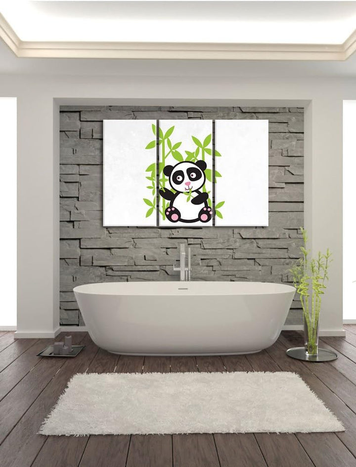 Pixxprint Süsser Panda mit Bambus / 3-Teilig/Gesamtmass 120cm Leinwandbild bespannt auf Holzrahmen/W
