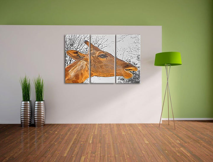 anmutige Giraffe isst schwarz/weiss Deluxe 3-Teiler Leinwandbild 120x80 Bild auf Leinwand, XXL riesi