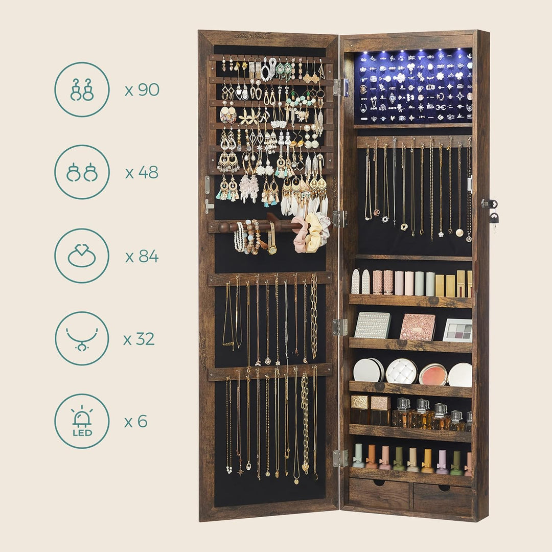 SONGMICS Schmuckschrank, Wand-Aufbewahrungsmöbel für Halsketten, Ohrringe, Zubehörschrank, mit Spieg