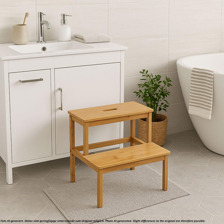 Tritthocker HWC-B87, Stufenhocker Trittbank Holzhocker, Bambus 43x47x38cm