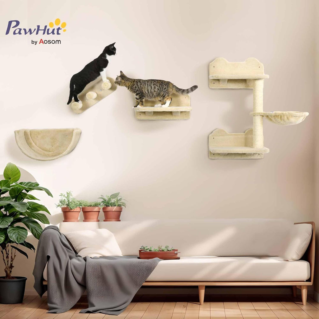 PawHut Kletterwand Katzen 4-teilig Katzen Kletterwand Set mit Kaztentreppe, Katzenbrücke, Hängematte