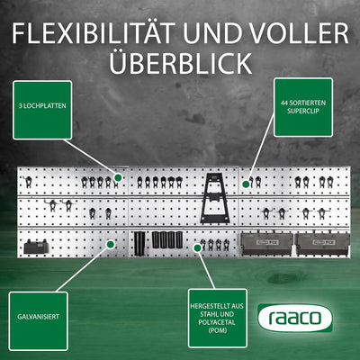 raaco 2 TWP Set Verzinkte Werkzeugwand - Lochwand Werkstatt mit 28 SuperClips, 104 x 44 cm, 150 kg T