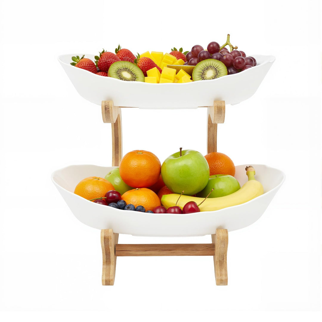 Obstschale Obstserviertablett, brotkorb Bambusholzrahmen, 2 lebensmittelechte PP-Schalen, Frisch und