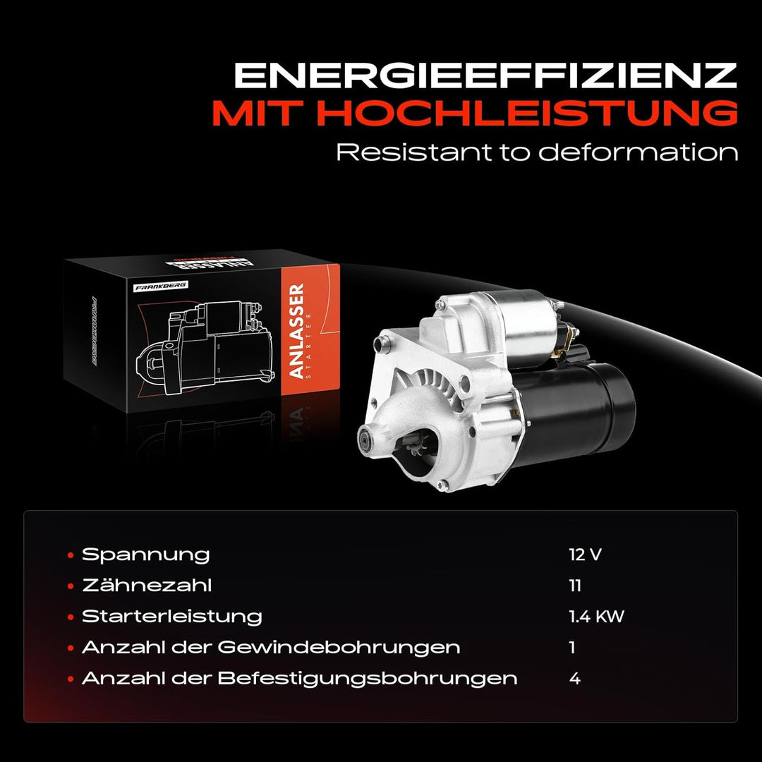 Frankberg Anlasser Starter 1,4KW Kompatibel mit Berlingo EC ER B9 K9 1.5L 1.6L 2008-Heute C3 I FC FN