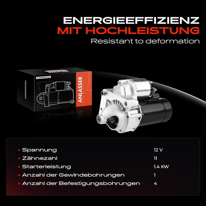 Frankberg Anlasser Starter 1,4KW Kompatibel mit Berlingo EC ER B9 K9 1.5L 1.6L 2008-Heute C3 I FC FN