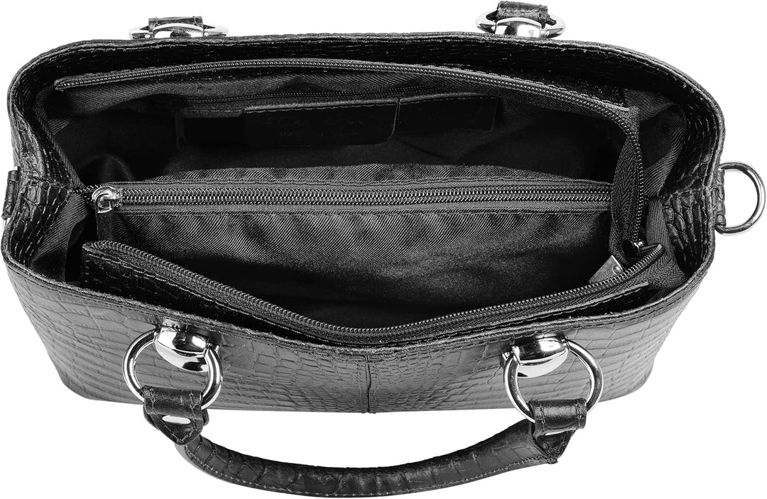 Umhängetasche Echt Leder Damen Made in Italy, Kroko-Optik Handtasche, Damen Schultertasche, elegante