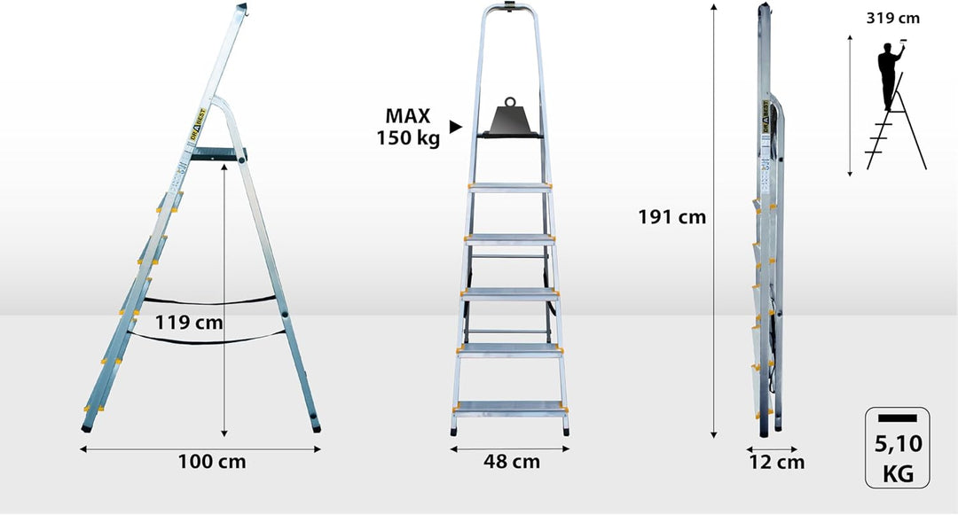 Drabest - PRO Haushaltsleiter - Stehleiter - 6 Stufen - Arbeitshöhe 3,19m - Klappleiter aus Aluminiu