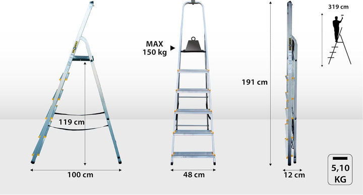 Drabest - PRO Haushaltsleiter - Stehleiter - 6 Stufen - Arbeitshöhe 3,19m - Klappleiter aus Aluminiu